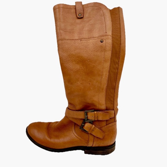 Marc Fisher Audrey Riding Boots Brown Leather Tall Buckle Women 8M Stretch READ - Picture 1 of 16